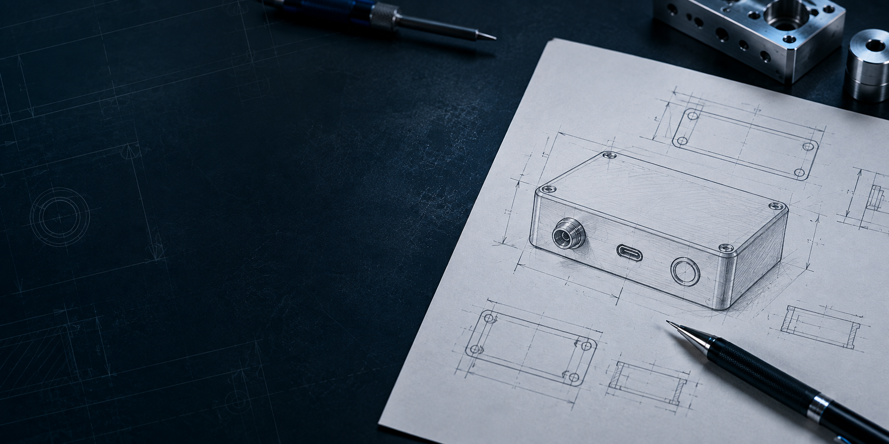 Technical concept sketch for a compact electronic enclosure