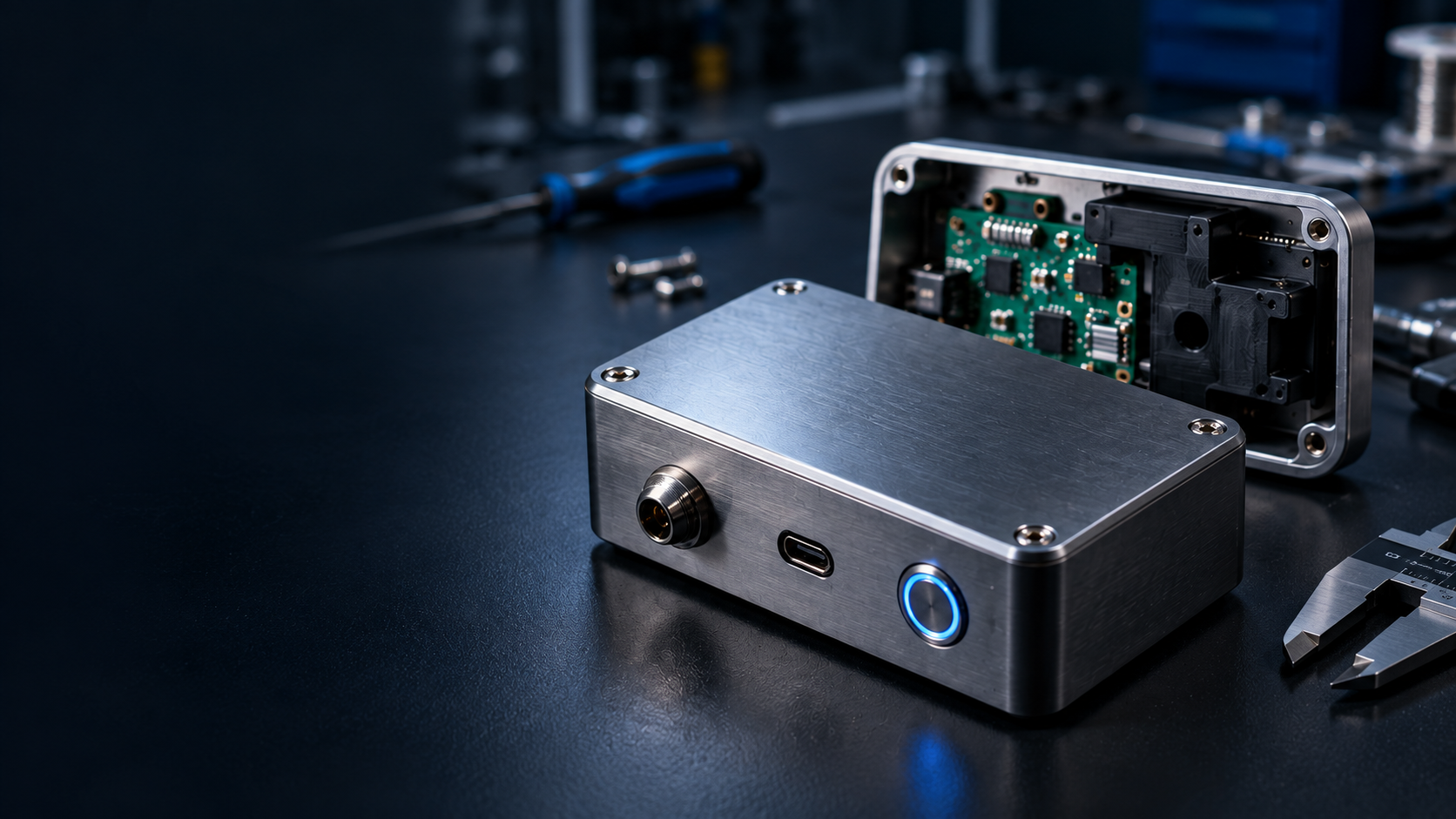 Electronic prototype in a machined aluminum enclosure beside an opened unit showing its circuit board