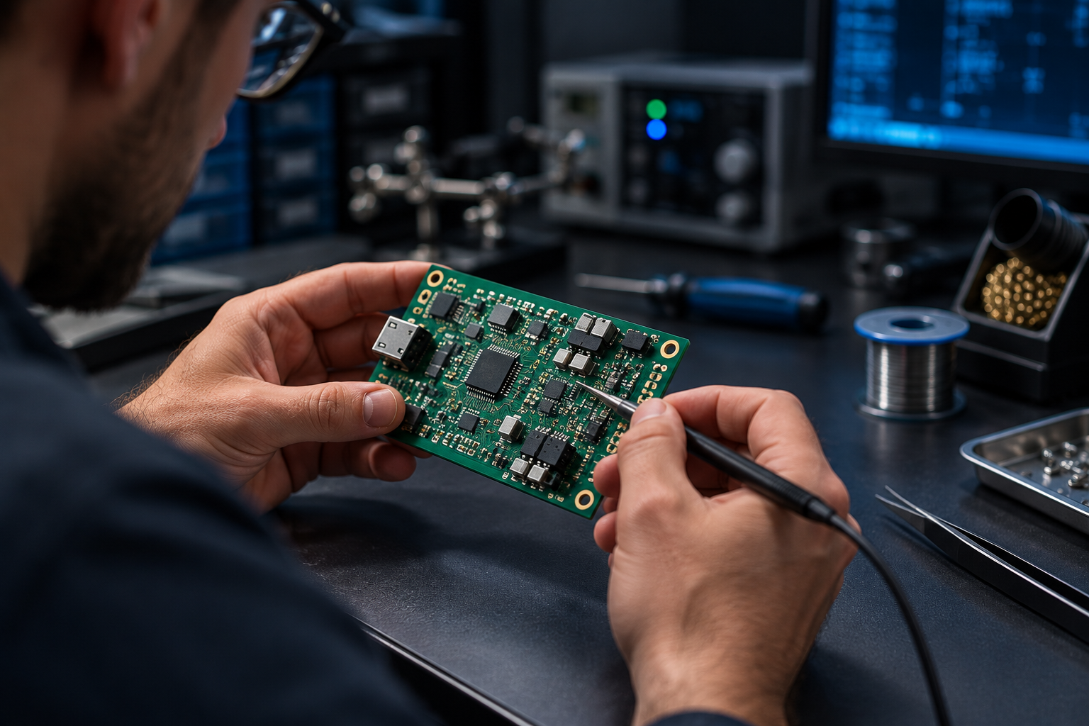 Engineer inspecting a populated circuit board at an electronics workbench